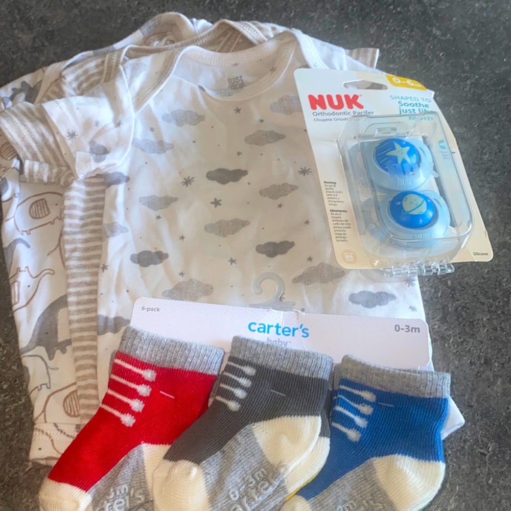 Bundle!!  Brand New Carters Socks 2 Nuk Pacifiers And 3 onesies  size 3 moths